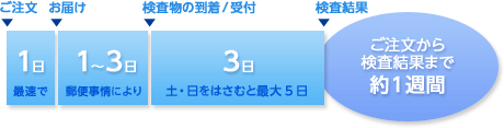 ご注文から最速で1日でお届け、郵便事情により1〜3日で検査物の到着/受付、3日〜土日をはさむと最大5日で検査結果。ご注文から検査結果まで約一週間