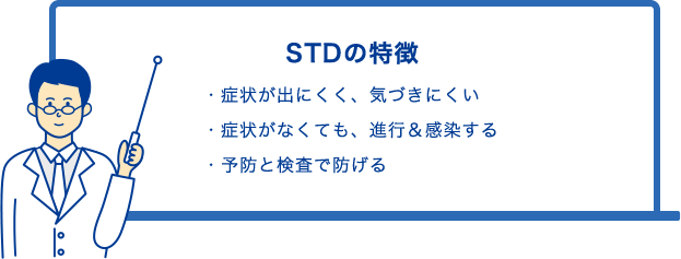 STDの特徴　・症状が出にくく、気づきにくい・症状がなくても、進行＆感染する・予防と性病検査で防げる