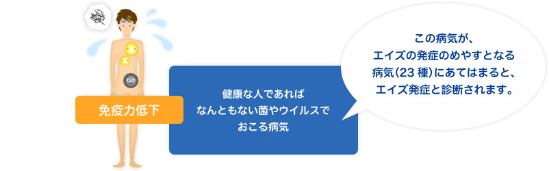 免疫力低下 健康な人であれば何ともない菌やウイルスでおこる病気 この病気が、エイズ発症のめやすとなる病気(23種)にあてはまると、エイズ発症と診断されます。