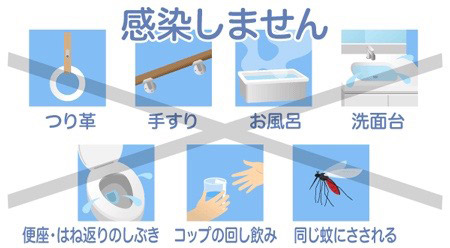 つり革 手すり お風呂 洗面台 便座・はね返りのしぶき コップの回し飲み 同じ蚊にさされる 感染しません
